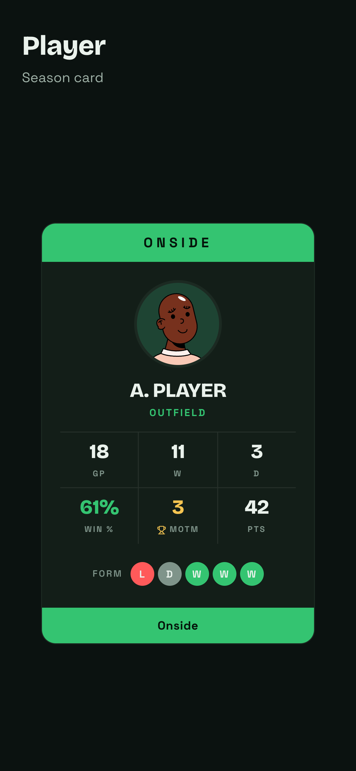 Player card screen in the Onside app